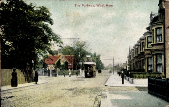 Postcard West Ham Greater London, street with tram, trees, houses, West Ham
