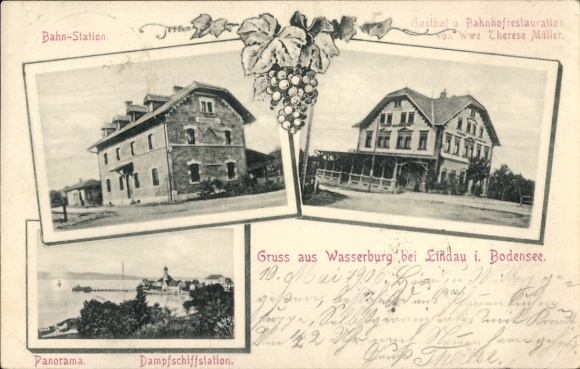 Ak Wasserburg am Bodensee, Bahnstation, Bahnhofrestauration Therese Müller, Dampfschiffstation