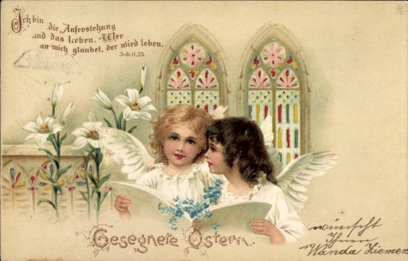 Halt gegen das Licht Litho Glückwunsch Ostern, Singende Engel, Blumen