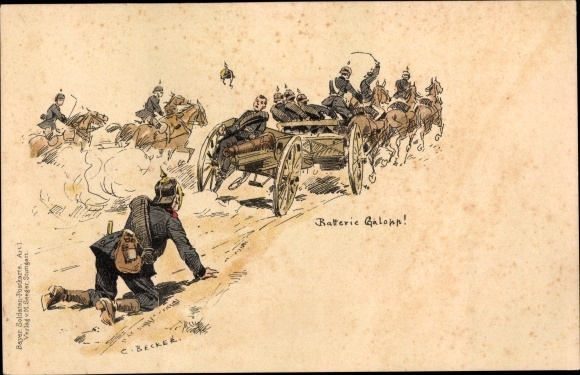 Kunstenaar litho Becker, C., Batterijgalop, Duitse soldaten, keizerlijke periode