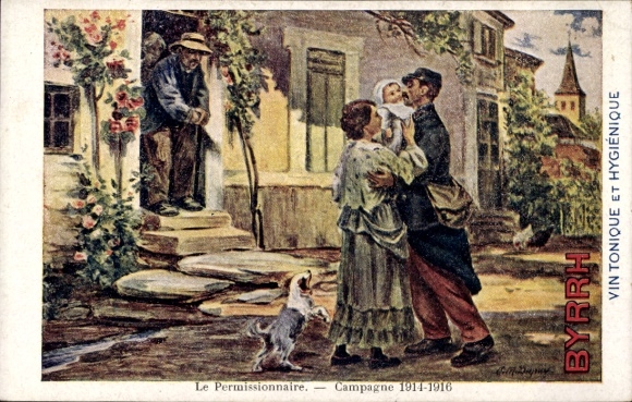Künstler Ak Le Permissionaire, Campagne 1914-1916, Abschied, Reklame Byrrh, Vin Tonique