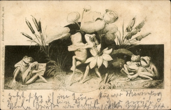 Artist Postcard Kraus, A., Always cheerful, singing and dancing frogs