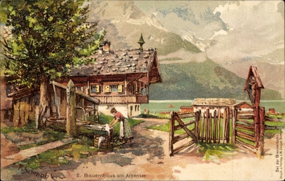 Artist Chromo-Litho Schmohl, Achensee in Tirol, farmhouse, laundress, wayside cross, landscape view
