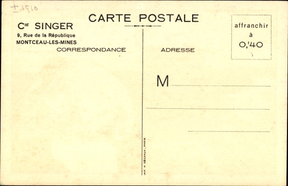 PC Montceau les Mines Saône et Loire, woman at Singer sewing machine, advertising, goldfish in the aquarium