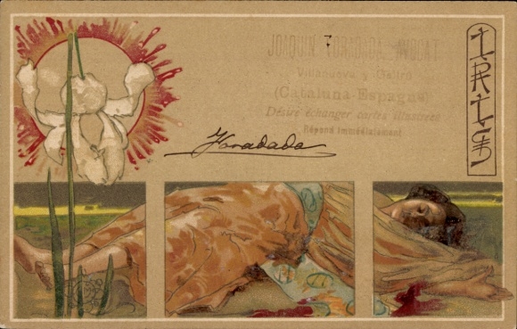 Art Nouveau Chromo-Litho Trist, sleeping woman, white iris