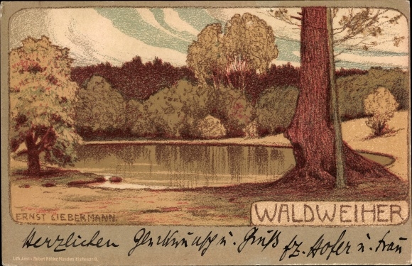 Artist Chromo-Litho Liebermann, Ernst, forest pond, landscape