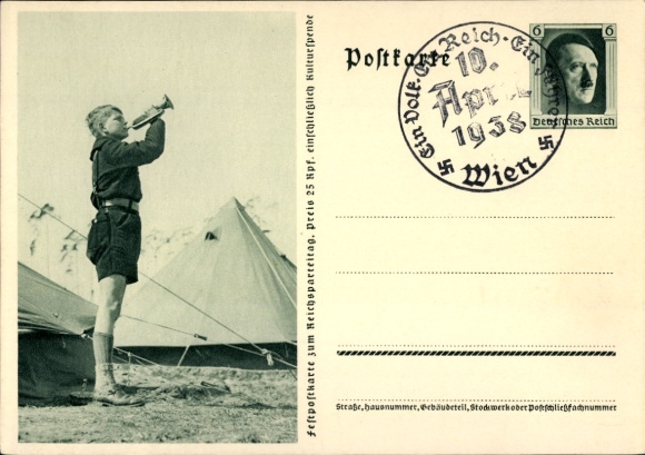Postal stationery Postcard HJ Pimpf blows the roll call, tent camp, Nazi Party Rally 1937