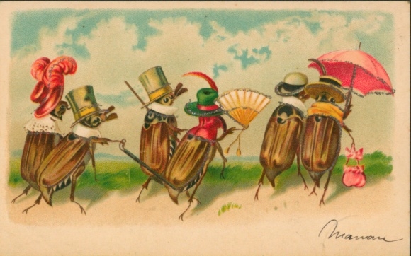 Chromo-Litho Humanized Maybug, Parasol, Fan
