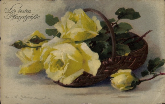Artist Postcard Klein, Catharina, Best Pentecost greetings, yellow roses