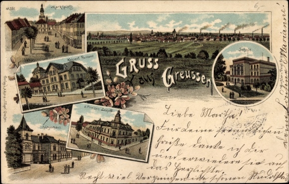 Litho Greußen Thüringen, Gasthof, Schule, Schützenhaus, Gasthaus z. Prinzen Leopold