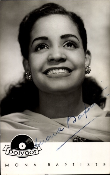 Postcard singer and actress Mona Baptiste, portrait, Polydor records, autograph