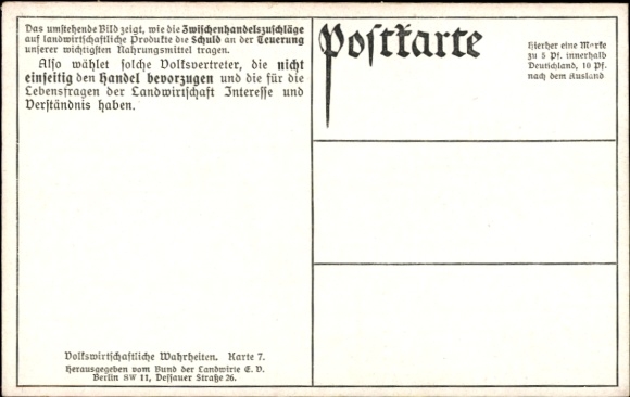 Postcard intermediate trade surcharges on agricultural products in Berlin, meat, bread, milk