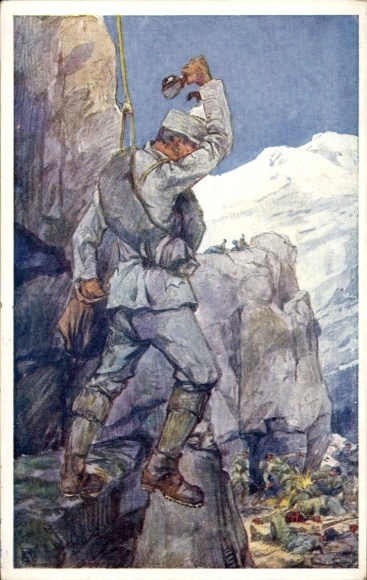 Artist Postcard Kuk Army in the Alpine War, Corporal Rudolf Fellner, Hand Grenade Throwing, WWI
