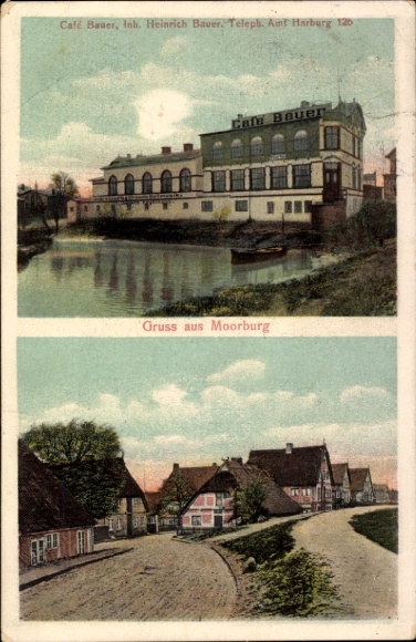 Postcard Hamburg Harburg Moorburg, Café Bauer, owner Heinrich Bauer, street scene