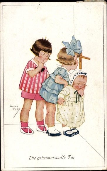 Artist Postcard Spark, Chicky, The Mysterious Door, Children listening at a door