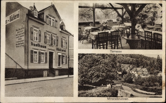 Postcard Nastätten im Taunus, inn and bakery Preus, mineral fountain