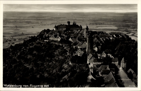 Postcard Waldenburg in Saxony, aerial view of castle, landscape