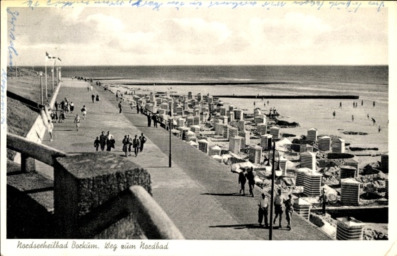 Postcard North Sea resort Borkum in East Frisia, path to the Nordbad, beach, promenade