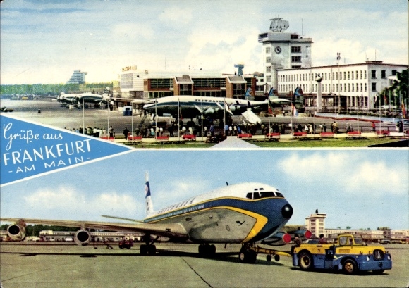 Postcard Frankfurt am Main, Rhein Main Airport, passenger aircraft Alitalia, Lufthansa