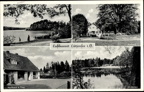 Postcard Lütjensee in Holstein, Kurhaus, Mönchsteich, department store, Grossensee