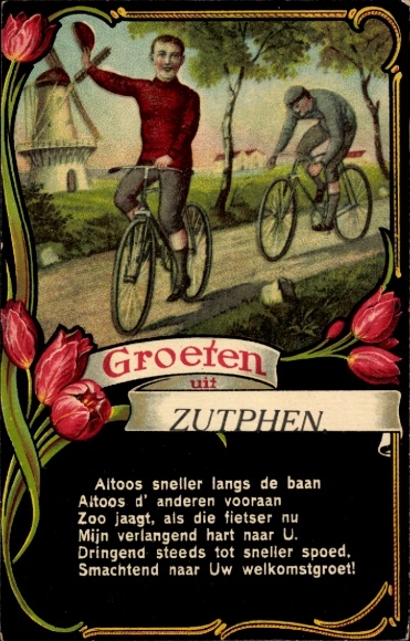 Gedicht Passepartout Ak Zutphen Gelderland, Fahrräder, Radfahrer, Tulpen