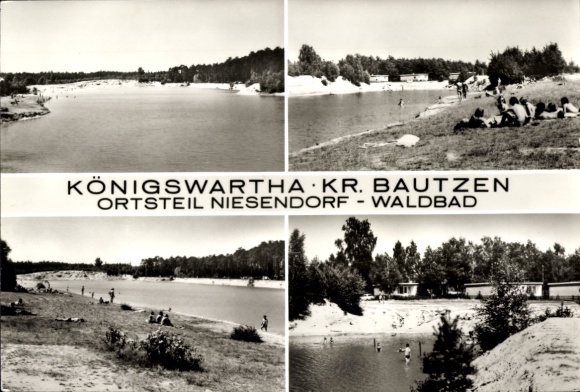 Ak Niesendorf Königswartha in Oberlausitz, boszwembad, zandstrand, water, zwemmers, natuur