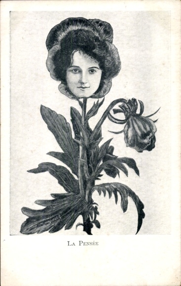 Postcard La Pensée, portrait of a Woman, Pansies