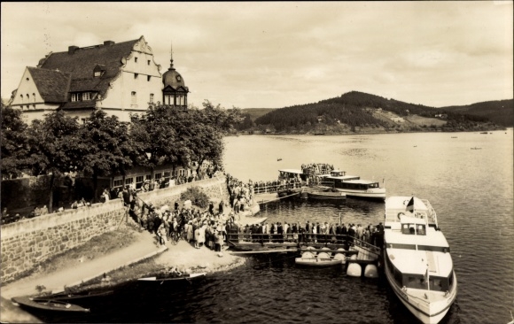 Postcard Saalburg Thuringia, reservoir Bleiloch Saaletalsperre, boat trip at HO Hotel Kranich