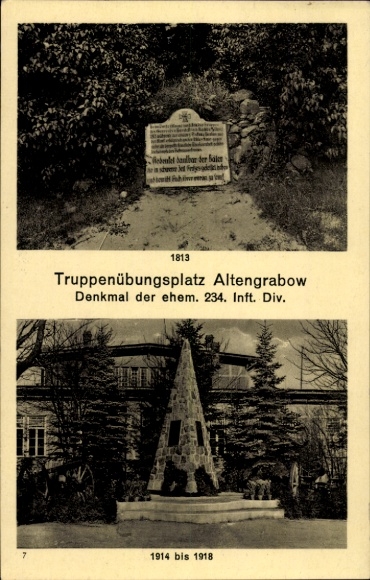 Ak Altengrabow Möckern in Sachsen Anhalt, Truppenübungsplatz, Denkmal der ehem. 234. Inft. Div.