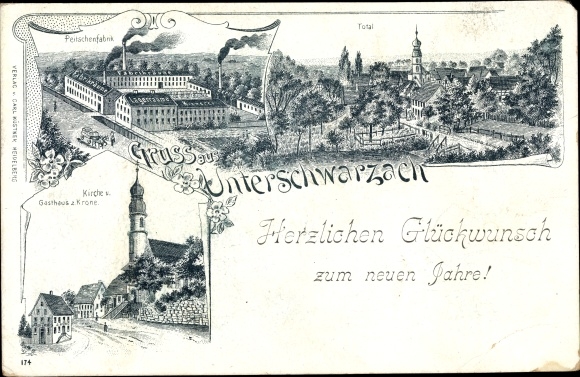Chromo-Litho Unterschwarzach Schwarzach Odenwald, total view, whip factory, church, inn z. Crown