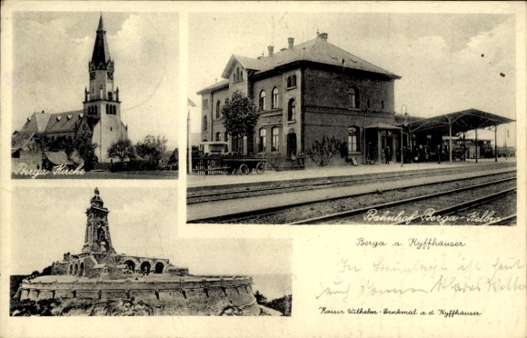 Postcard Berga am Kyffhäuser, train station, monument