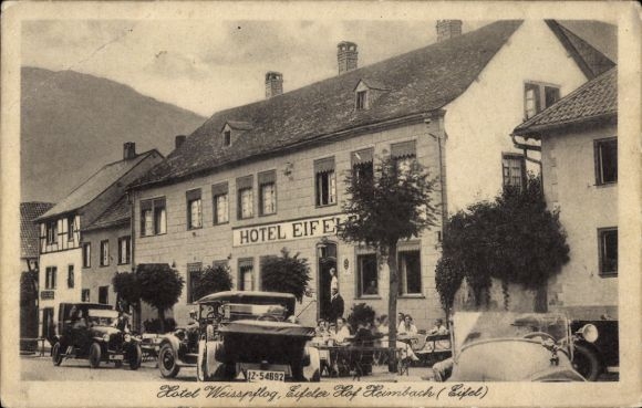 Postcard Heimbach in the Eifel, Hotel Weisspflog, Eifeler Hof, street view, cars