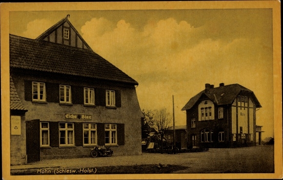 Ak spot in Sleeswijk-Holstein, treinstation en treinstationhotel, eikenbier