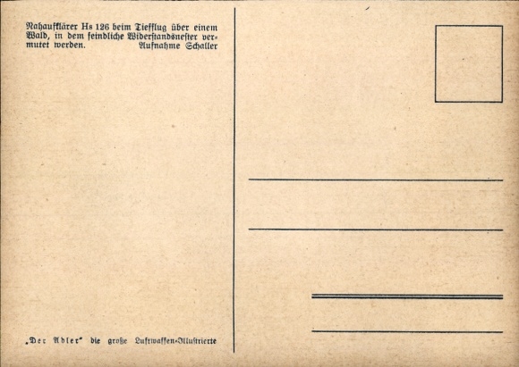Postcard German fighter aircraft, close reconnaissance Henschel Hs 125, low-level flight over enemy resistance nests