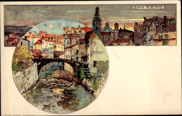 Artist Chromo-Litho Wielandt, Manuel, San Remo Liguria, City panorama at dusk, bridge