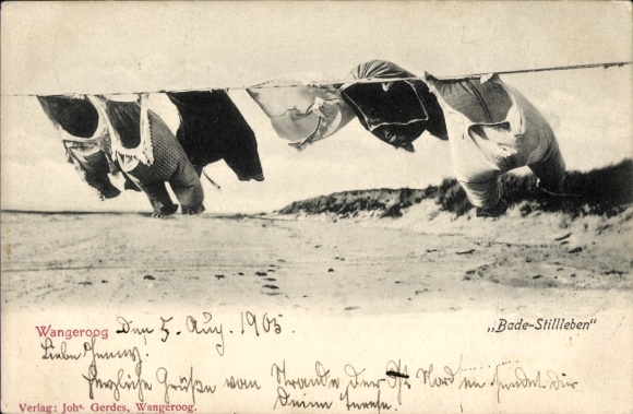 Postcard Bathing Still Life, Bathing Suits Drying in the Wind on the Beach