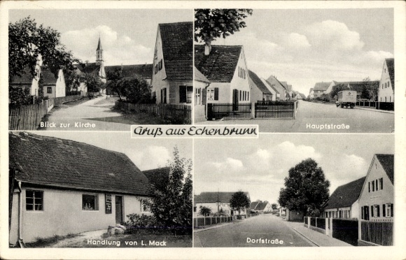 Postcard Echenbrunn Gundelfingen im Breisgau, main street, village street, shop, church