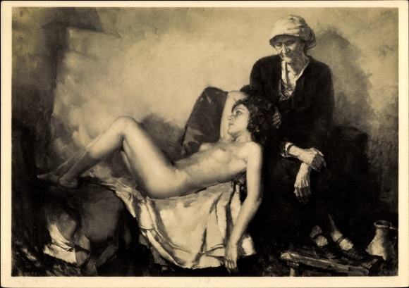 Artist Postcard troupe, Karl, being and passing away, female nude, old woman, HDK 71, Photo Hoffmann