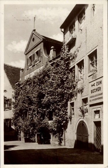 Postcard Meersburg on Lake Constance, building with tendrils, signs with 'ZUM BECHER', architecture