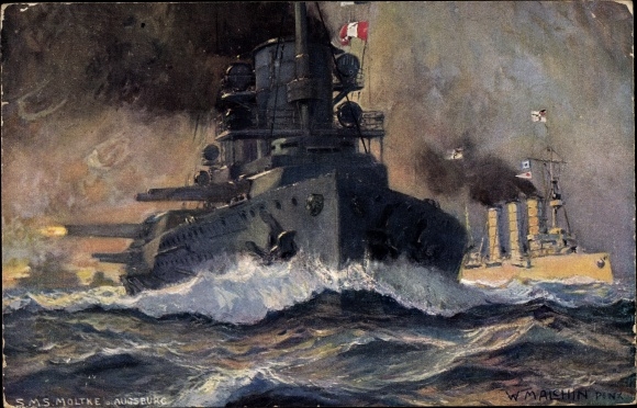 Artist PC Malchin, W., German warships, SMS Moltke and Augsburg, battle cruiser