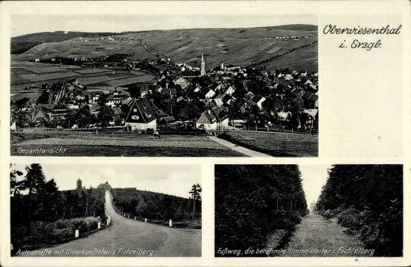 Ak Oberwiesenthal im Erzgebirge, Gesamtansicht, Autostraße mit Unterkunftshaus