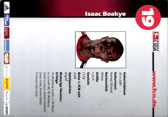 Autograph card footballer Isaac Boakye, 1. FC Nuremberg, autograph