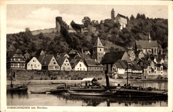 Ak Hirschhorn am Neckar Hessen, Gesamtansicht, Ruine, Kettenschleppschiff