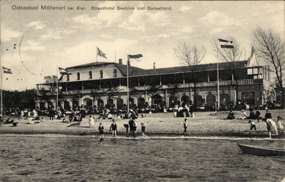 Ak Möltenort Heikendorf in Sleeswijk Holstein, Strandhotel Seeblick en zwemstrand