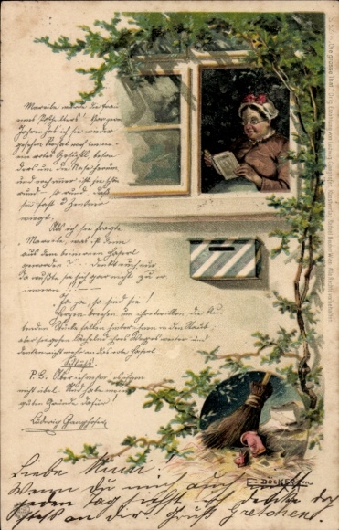 Artist Chromo-Litho Döcker, Woman reading at the window, broom