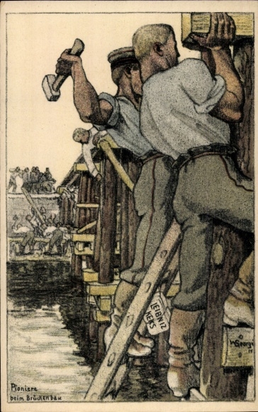 Artist Postcard Georgi, W., Leibniz Biscuit, Advertising Bahlsens Biscuit Factory Hannover, Pioneers in Bridge Building