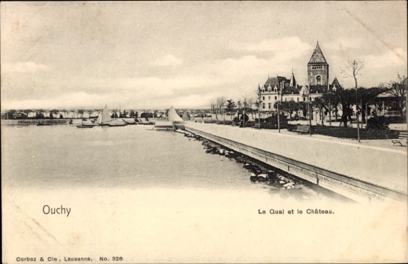 KP Ouchy Lausanne Canton Vaud, widok na port, zamek, łodzie, nadmorska promenada