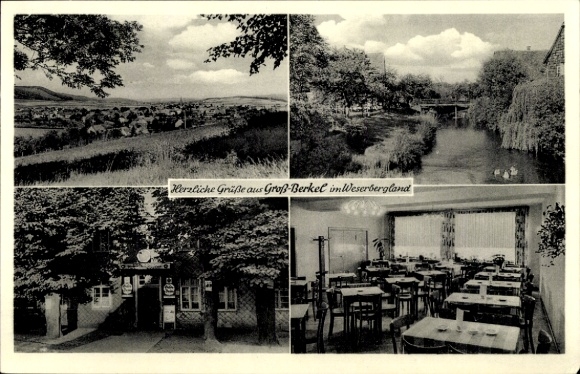Postcard Groß Berkel Aerzen in the Weserbergland, total view, Gasthof Unter den Linden