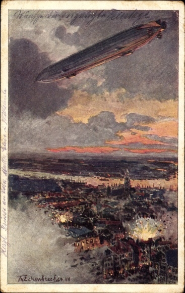 Kunstenaarskaart van hoekbrekers, Themistokles, zeppelin boven Antwerpen, veldslag, I. WW