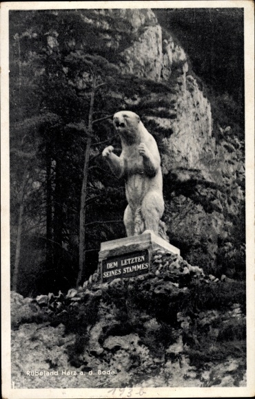 Postcard Rübeland Oberharz am Brocken, bear statue, the last of his tribe, cave bear